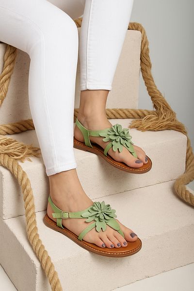 Deriderim Sandale pentru femei din piele întoarsă verzi florale verzi - talpa flip flop, curea de piele maro la glezna