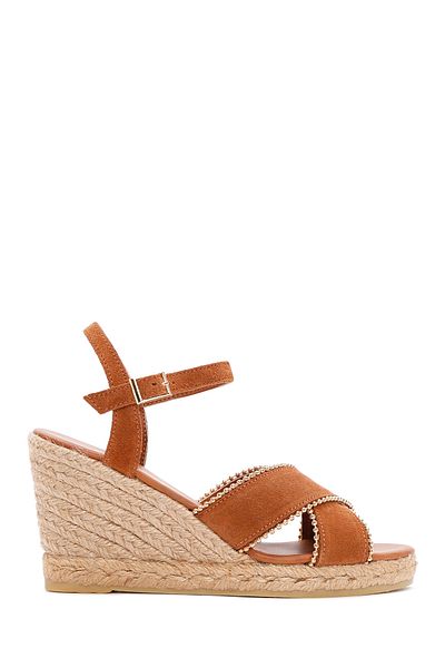 Derimod Women's Tan Ankle Strap Wedge Heeled Shoes Suede Leather Espadrille Sandals 25Sfd205910