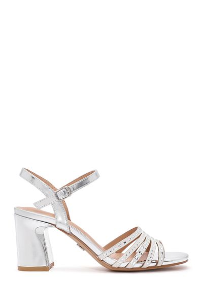 Derimod Women's Silver Ankle Strap Metallic Thick Heeled Evening Dress Shoes Sandals 25Sfe466732