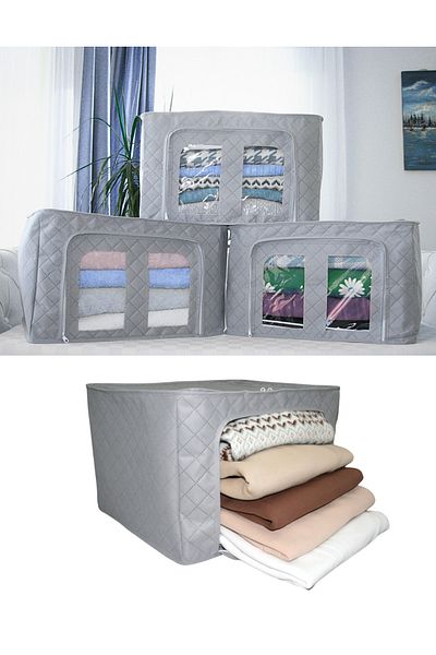 SER&YAT 3 Pieces Gray Quilted Steel Framed Organizer Box with Window Storage Bag Wire Storage Bag 40x50x30cm Sweater Storage Bag