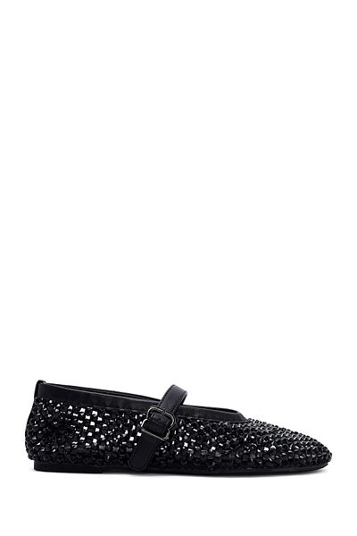 Derimod Women's Black Mesh Stone Summer Ballerina Shoes 25Sfd441114