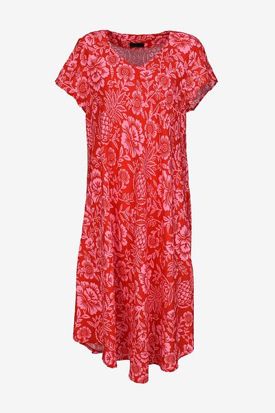 birizmoda Short Sleeved Pink Flowered Red Midi Dress