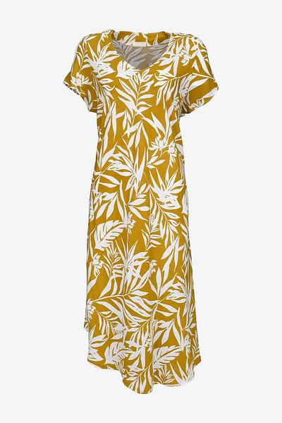 birizmoda Short Sleeved White Leaf Patterned Mustard Midi Dress