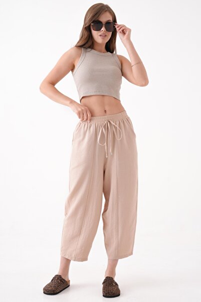 Saade Bej Beli Lastikli Cepli Şalvar Pantolon