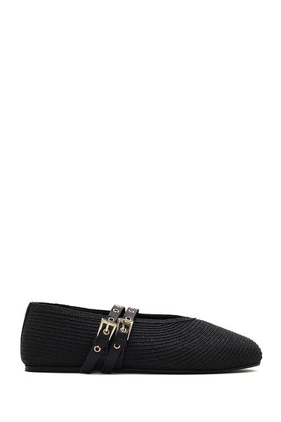Derimod Women's Black Double Buckle Straw Genuine Leather Summer Ballerina Shoes 25Sfd1820M7