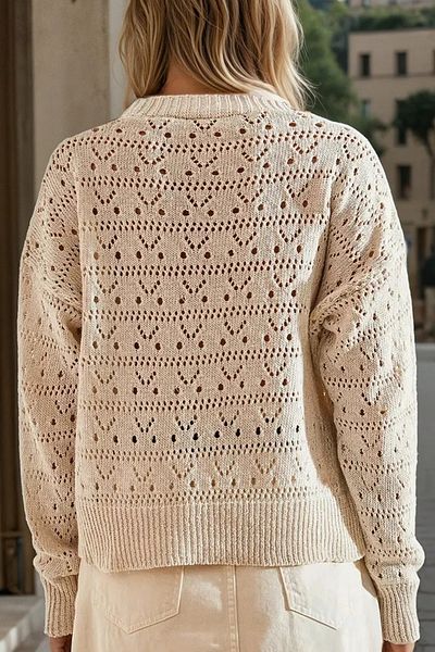 Jacarsman Summer V-Neck Openwork Knitted Cotton Knitwear Beige Casual Cardigan
