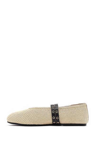 Derimod Women's Beige Double Buckle Straw Genuine Leather Summer Ballerina Shoes 25Sfd1820M7