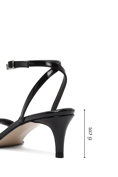 Derimod Women's Black Ankle Buckle Short Thin Heeled Shoes Patent Leather Sandals 25Sfe390516