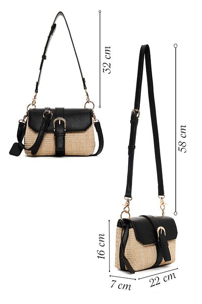 Derimod Women's Black Long Strap Straw Shoulder Bag 25Sbd2716M7