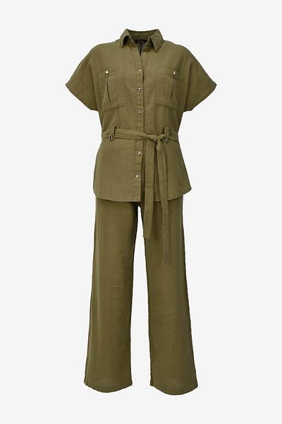 birizmoda Set pantaloni cămașă cu centură de in - kaki