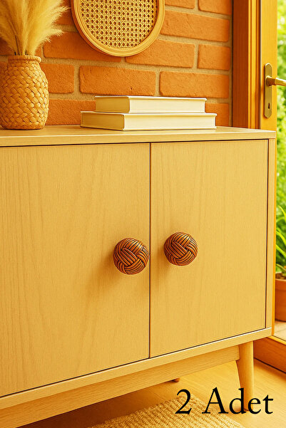 Home Dekoratif Dolap Ve Çekmece Uyumlu Doğal Rattan El Yapımı Kulp 2 Adet