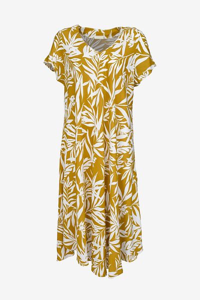 birizmoda Short Sleeved White Leaf Patterned Mustard Midi Dress