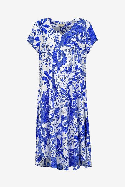 birizmoda Short Sleeve Blue Floral White Midi Dress
