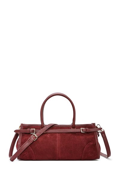 Derimod Women's Burgundy Long Strap Suede Leather Handbag 24Wbd 259610