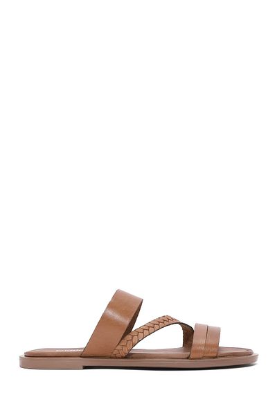 Derimod Women's Tan Knitted Detailed Leather Slippers 25Sfd 333018