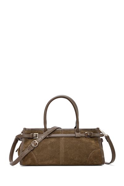 Derimod Women's Khaki Long Strap Suede Leather Handbag 24Wbd 259610