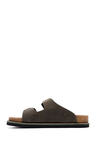Derimod Men's Khaki Buckle Nubuck Leather Slippers 25Sfd6255V3