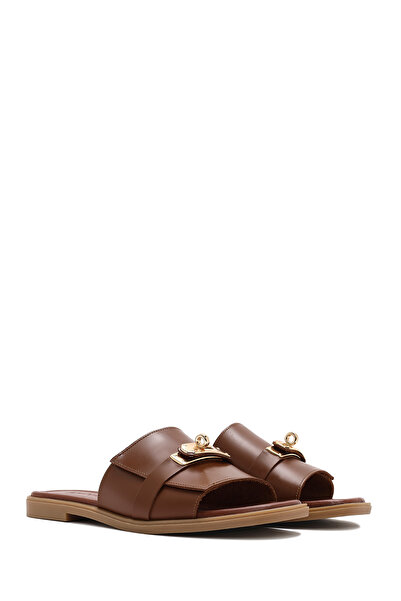 Derimod Дамски кафяви кожени чехли с катарама 25SFD361618