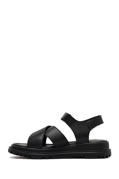 Derimod Women's Black Strappy Thick Soled Genuine Leather Sandals 25Sfd300818