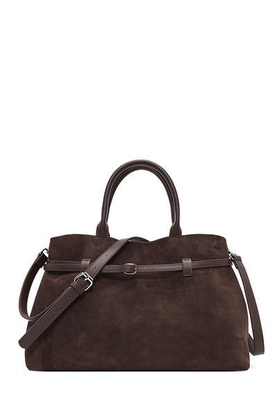 Derimod Women's Brown Long Strap Suede Leather Classic Shoulder Bag 24Wbd 259710