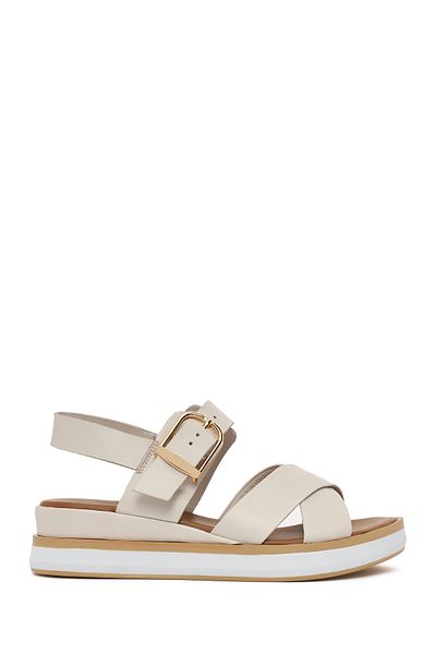 Derimod Women's Cream Ankle Buckle Thick Soled Genuine Leather Sandals 25Sfd550418