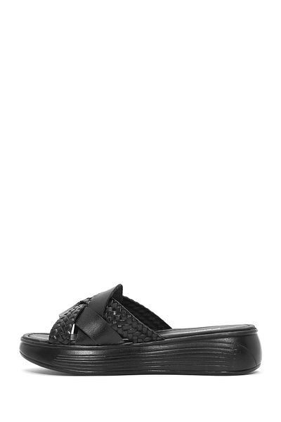 Derimod Women's Black Thick Soled Leather Slippers 25Sfd 333214