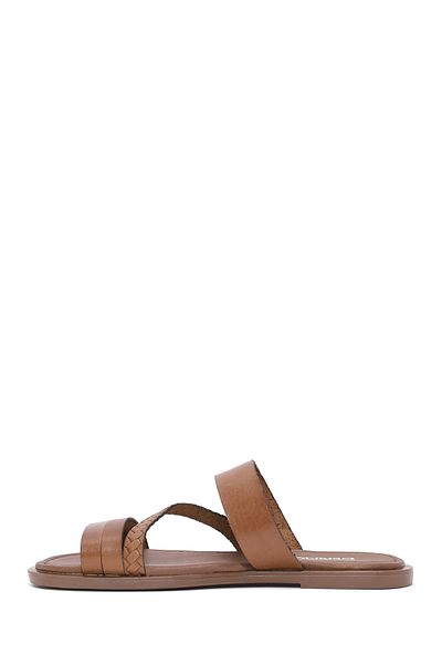 Derimod Women's Tan Knitted Detailed Leather Slippers 25Sfd 333018