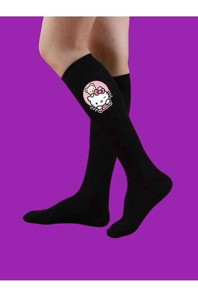 LİASSHOES Детски черни чорапи до коляното - розови с щампа Haylo