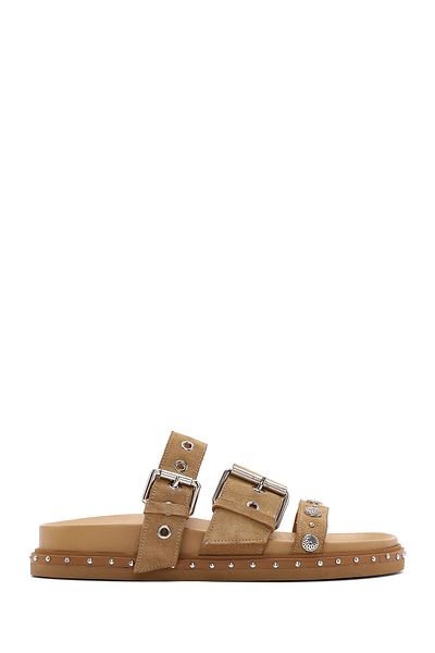Derimod Women's Tan Buckle Strap Suede Leather Slippers 25Sfd270010