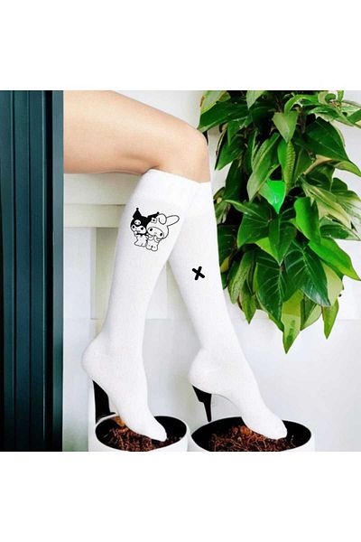 LİASSHOES Black and White Printed Thin Knee High Socks for Girls