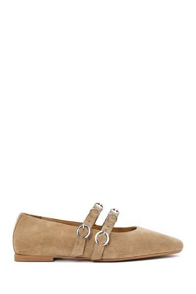 Derimod Women's Mink Double Buckle Suede Genuine Leather Summer Ballerina Shoes 25Sfd270610