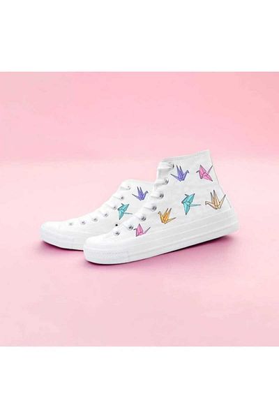 LİASSHOES Pantofi sport pentru copii din in alb - Tenis cu imprimeu Origami Birds