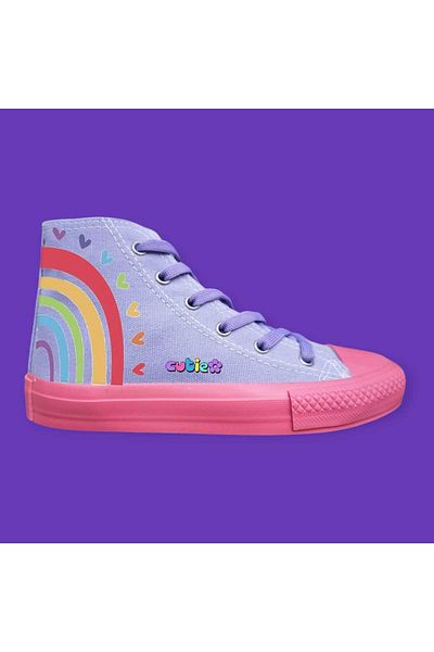 LİASSHOES Rainbow Printed Lilac Linen Pink Sole Children's Sneakers Sneakers