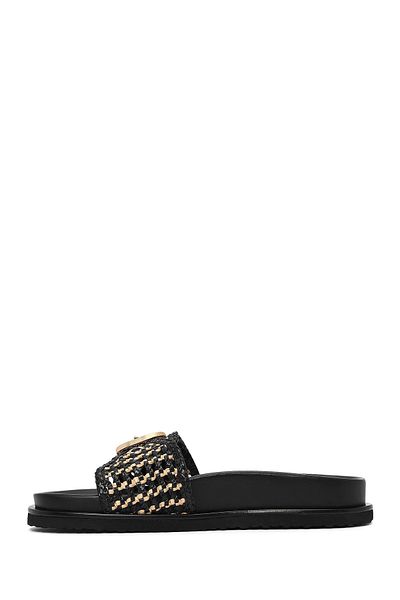 Derimod Women's Black Buckle Straw Leather Slippers 25Sfd5505M7