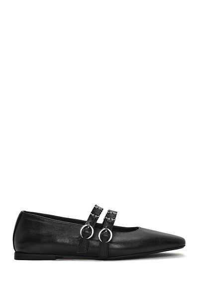 Derimod Women's Black Double Buckle Genuine Leather Summer Ballerina Shoes 25Sfd270618