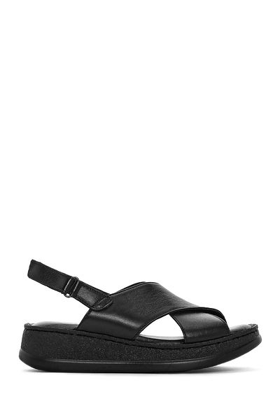 Derimod Women's Black Strappy Thick Soled Genuine Leather Comfort Sandals 25Sfd321718