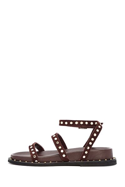 Derimod Women's Brown Ankle Strap Metal Detailed Suede Genuine Leather Sandals 25Sfd270310