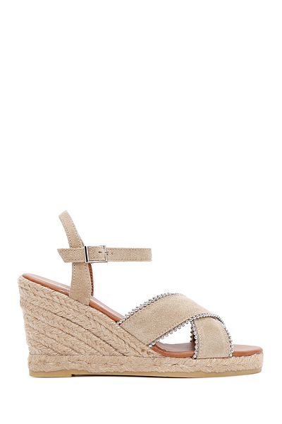Derimod Women's Beige Ankle Strap Wedge Heeled Shoes Suede Genuine Leather Espadrille Sandals 25Sfd205910