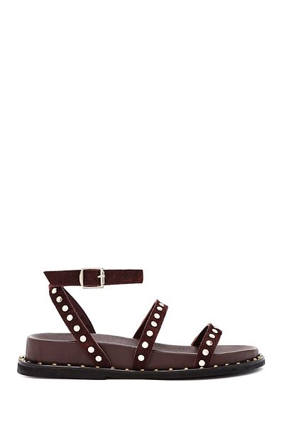 Derimod Women's Brown Ankle Strap Metal Detailed Suede Genuine Leather Sandals 25Sfd270310