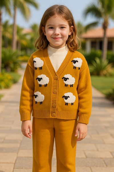 Hilal Akıncı Kids Girl's Lamb Embroidered Knitwear Cardigan Wide Leg Knitwear Trousers