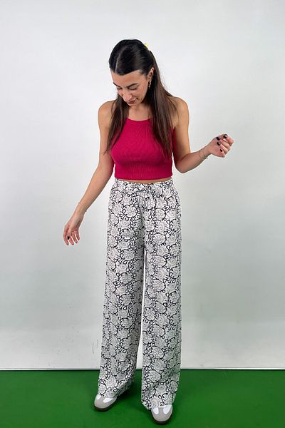Love The Wind Black Patterned Polyamide Viscose Draped Palazzo Trousers