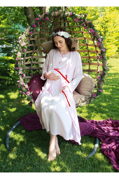 JENİKA Maternity Long Sleeve Dressing Gown with Ribbon Pompom Collar and Pocket Detail, 2-Piece Dressing Gown Set with Openable Buttons