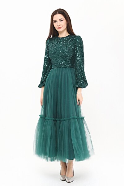 Asees Γυναικείο βραδινό φόρεμα και φόρεμα αποφοίτησης με παγιέτες μπαλόνι μανίκια Dream Tulle Hijab Asee's Abiye Elbise