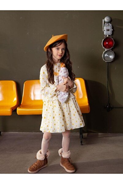 Zekids Kız Çocuk Sarı Puantiye Detaylı Fiyonklu Kolu Lastikli Elbise