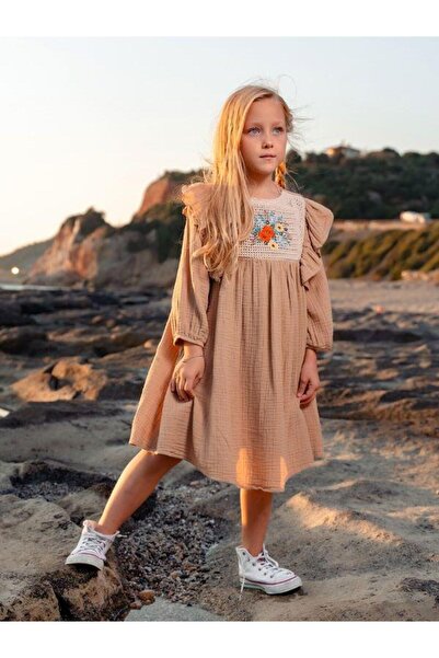 Escabel Момичешка памучна рокля с дантела и ръкави