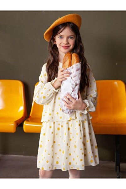 Zekids Kız Çocuk Sarı Puantiye Detaylı Fiyonklu Kolu Lastikli Elbise