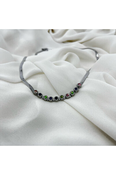 FM Bijuteri Kadın Çelik Kolye Renkli Taş İnce Zincirli