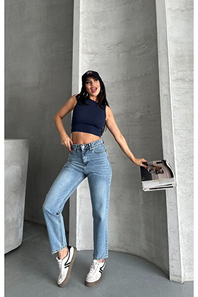 DESTEMODA Pantaloni Mom Fit din denim pentru femei Mustache Chemical Snow Wash Albastru 4005