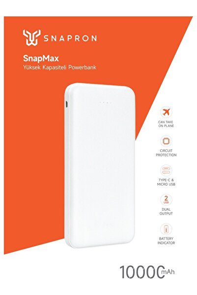 Snapmax Snp-3000 Beyaz 10.000 Mah Powerbank 2X Usb Çıkışlı 1 Type-C Ve 1 Micr...