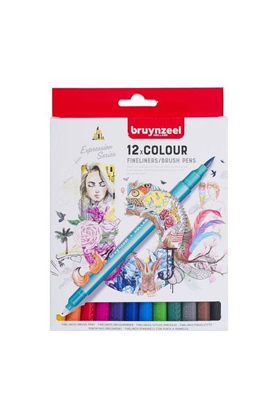 Bruynzeel Fineliner : Double Sided Pen Set : 12 Colors (brush & 0.4 Mm Tip)